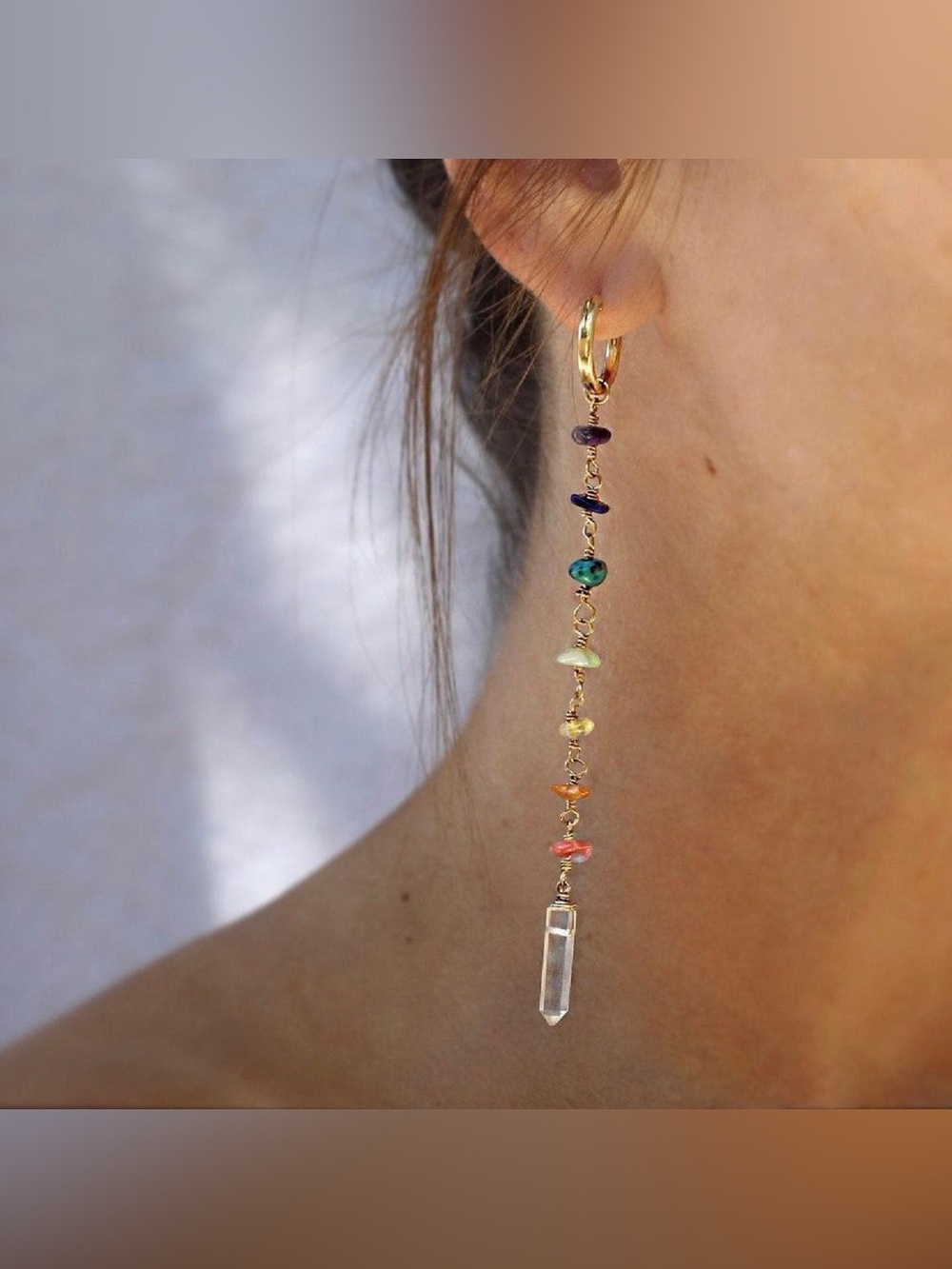 Gold Multistone Beaded 7 Chakra Crystal Huggie Drop Earrings- Bright Gems
